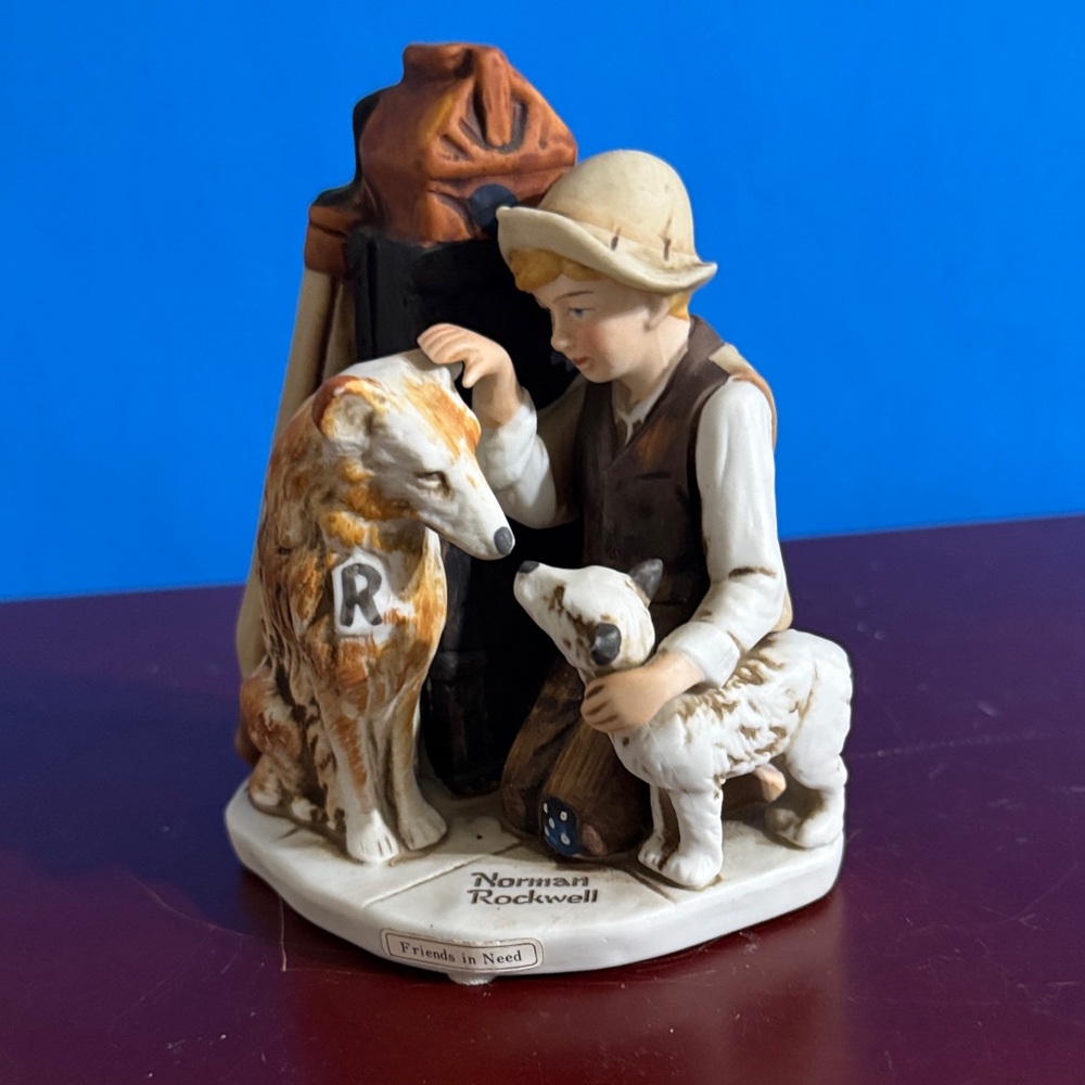 Norman Rockwell Boy with Dogs Figurine - Cream and Brown (1974)